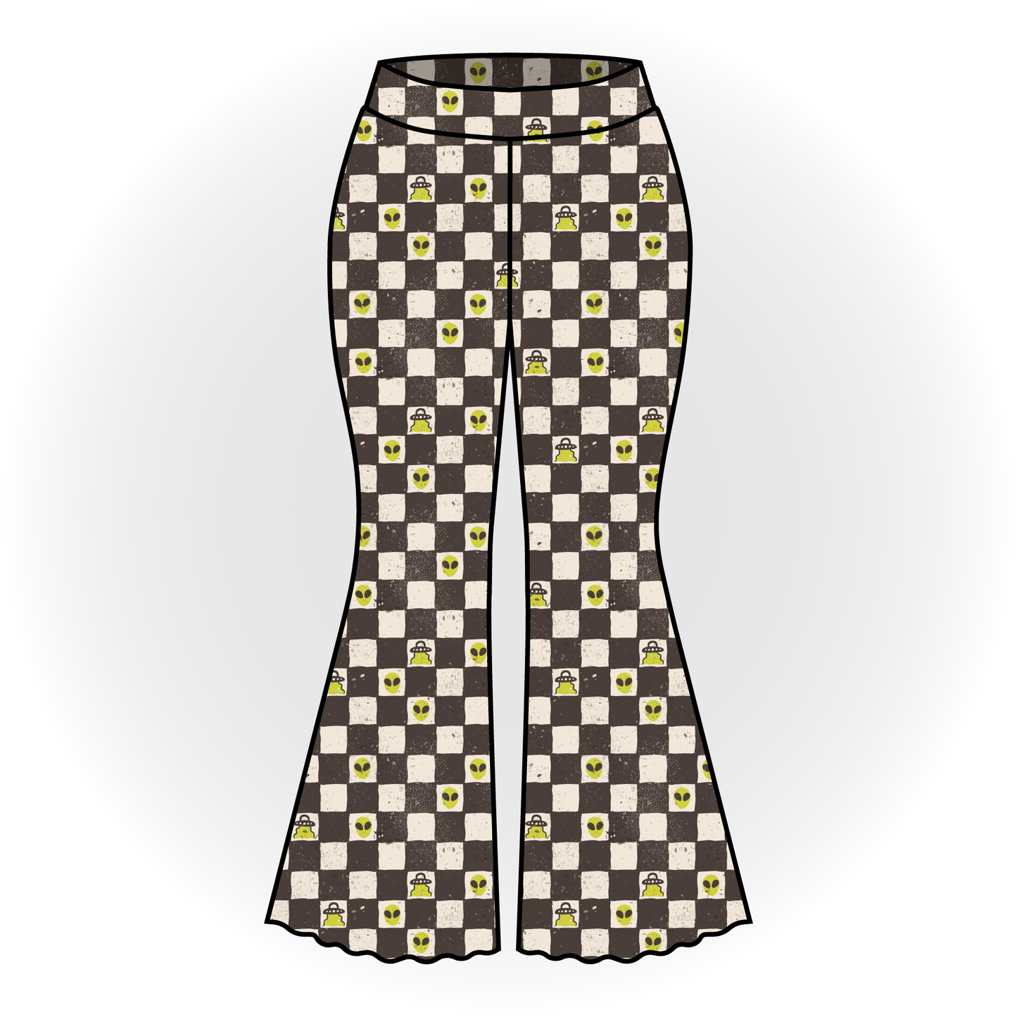 Alien Checker Print Bell Bottoms