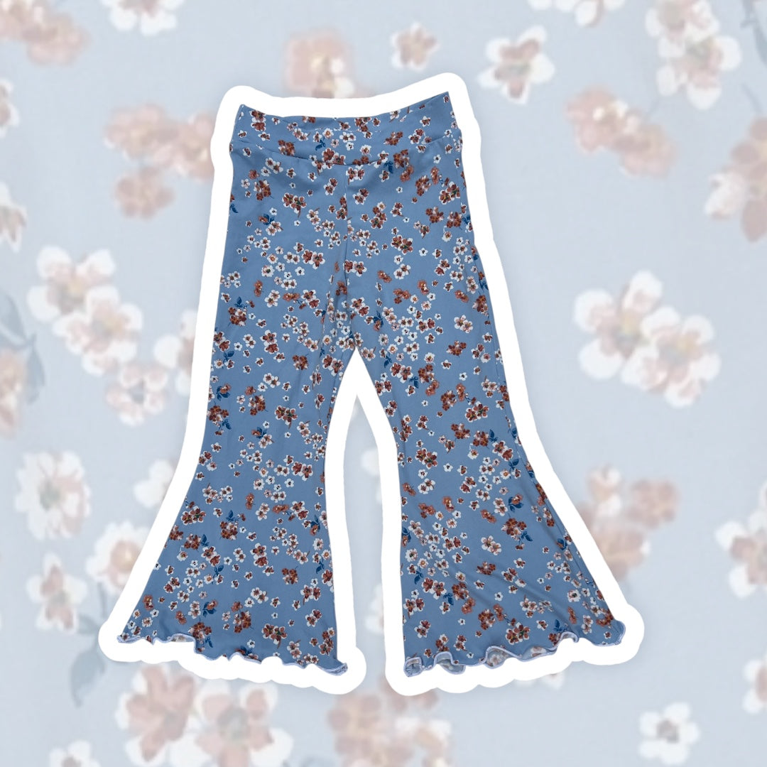 2T Light Blue and Brown Floral Lettuce Hem Bell Bottoms