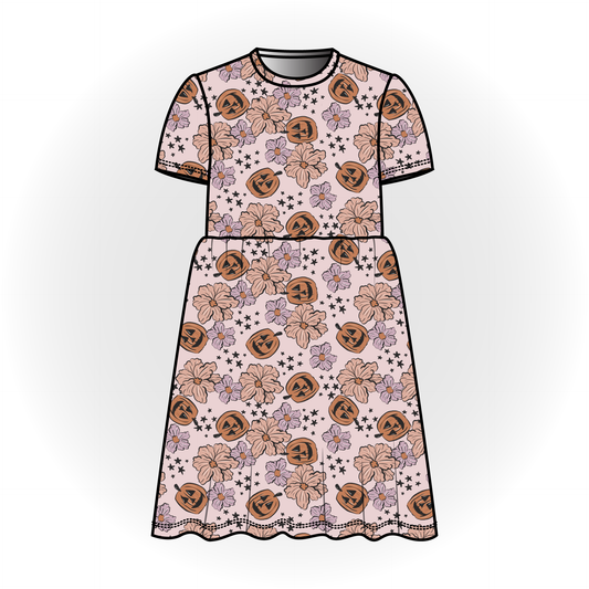 Pumpkin Flowers Short Sleeve Dress