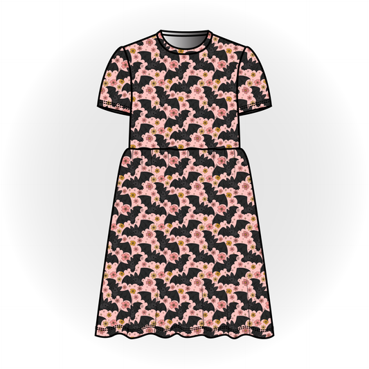 Pink Floral Bats Short Sleeve Dress