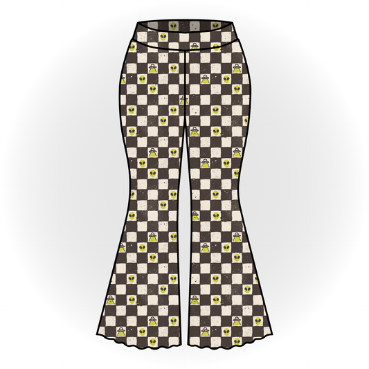 Alien Checker Print Bell Bottoms