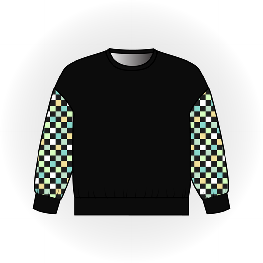 Glow Checker Print Colorblock Long Sleeve Dolman Top