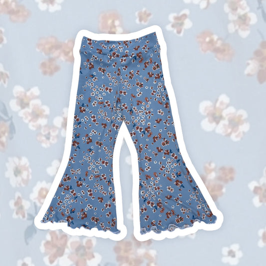 2T Light Blue and Brown Floral Lettuce Hem Bell Bottoms