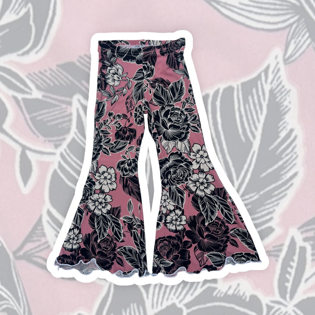 4T Pink and Black Floral Lettuce Hem Bell Bottoms