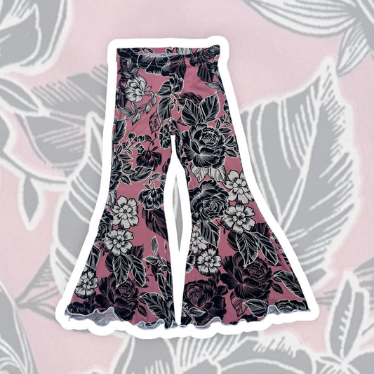 4T Pink and Black Floral Lettuce Hem Bell Bottoms