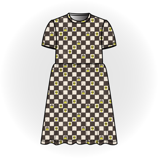 Alien Checker Print Short Sleeve Dress