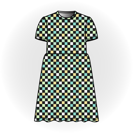 Glow Checker Print Short Sleeve Dress